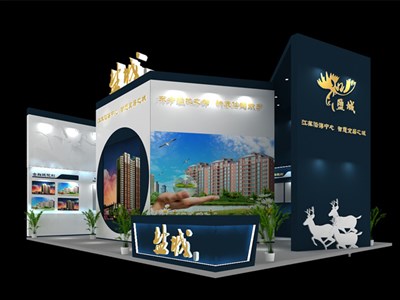 18平米展臺設計制作：二面開口/現(xiàn)代/木質(zhì)結構/藍色，為房產(chǎn)展展商而作（免費使用）