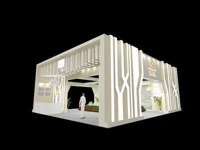 120平米展臺設(shè)計制作：三面開口/現(xiàn)代/木質(zhì)結(jié)構(gòu)/白色，為房產(chǎn)展展商而作（免費(fèi)使用）