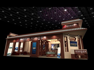 128平米展臺設(shè)計制作：二面開口/中式/木質(zhì)結(jié)構(gòu)/咖啡色，為房產(chǎn)展展商而作（免費使用）