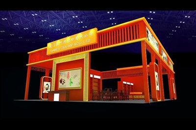 180平米展臺設(shè)計制作：四面開口/中式/木質(zhì)結(jié)構(gòu)/紅色，為茶博會展商而作（免費使用）