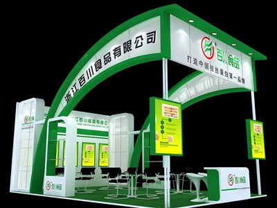 54平米展臺設(shè)計制作：三面開口/現(xiàn)代/型材結(jié)構(gòu)/綠色，為食品展展商而作（免費使用）