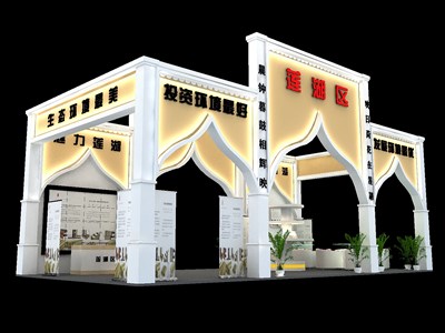 72平米展臺(tái)設(shè)計(jì)制作：四面開(kāi)口/現(xiàn)代/木質(zhì)結(jié)構(gòu)/米色，為成就招商展展商而作（免費(fèi)使用）