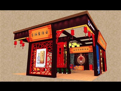 99平米展臺設(shè)計制作：三面開口/中式/木質(zhì)結(jié)構(gòu)/紅色，為食品展展商而作（免費(fèi)使用）