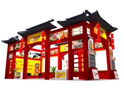 72平米展臺設(shè)計(jì)制作：二面開口/中式/木質(zhì)結(jié)構(gòu)/紅色，為漁博會展商而作（免費(fèi)使用）