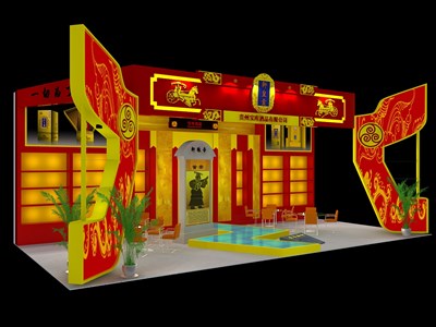 72平米展臺(tái)設(shè)計(jì)制作：三面開(kāi)口/中式/木質(zhì)結(jié)構(gòu)/紅色，為糖酒展展商而作（免費(fèi)使用）