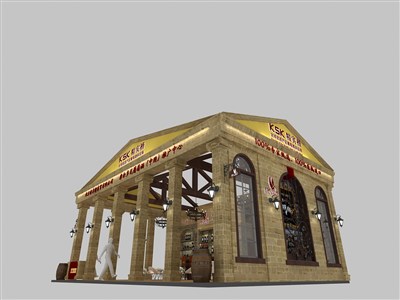 96平米展臺(tái)設(shè)計(jì)制作：二面開口/歐式/木質(zhì)結(jié)構(gòu)/米色，為糖酒展展商而作（免費(fèi)使用）