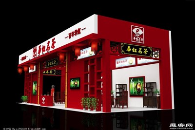 90平米展臺(tái)設(shè)計(jì)制作：三面開(kāi)口/中式/木質(zhì)結(jié)構(gòu)/紅色，為茶博會(huì)展商而作（免費(fèi)使用）