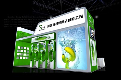 54平米展臺(tái)設(shè)計(jì)制作：三面開口/現(xiàn)代/木質(zhì)結(jié)構(gòu)/綠色，為食品展展商而作（免費(fèi)使用）