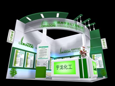 36平米展臺設(shè)計制作：二面開口/現(xiàn)代/木質(zhì)結(jié)構(gòu)/綠色，為化工展展商而作（免費使用）