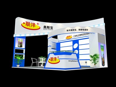 36平米展臺設(shè)計(jì)制作：三面開口/現(xiàn)代/木質(zhì)結(jié)構(gòu)/藍(lán)色，為食品展展商而作（免費(fèi)使用）
