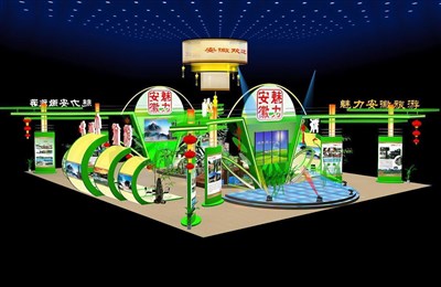 720平米展臺設計制作：四面開口/前衛(wèi)/型材結(jié)構(gòu)/綠色，為旅游展展商而作（免費使用）