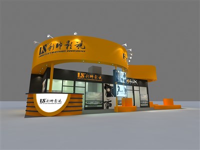 78平米展臺設計制作：三面開口/現(xiàn)代/木質(zhì)結(jié)構(gòu)/黃色，為廣播媒體展展商而作（免費使用）