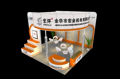 36平米展臺設(shè)計制作：三面開口/現(xiàn)代/木質(zhì)結(jié)構(gòu)/黃色，為工具展展商而作（免費使用）