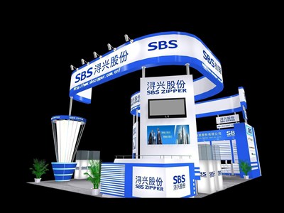 54平米展臺(tái)設(shè)計(jì)制作：三面開口/現(xiàn)代/木質(zhì)結(jié)構(gòu)/藍(lán)色，為服裝展展商而作（免費(fèi)使用）
