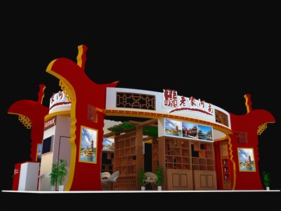72平米展臺設(shè)計制作：四面開口/中式/木質(zhì)結(jié)構(gòu)/紅色，為旅游展展商而作（免費使用）