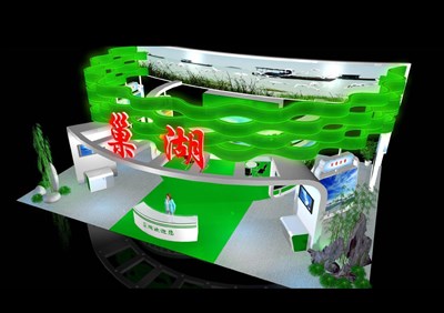 176平米展臺設計制作：四面開口/現(xiàn)代/型材結(jié)構(gòu)/綠色，為旅游展展商而作（免費使用）