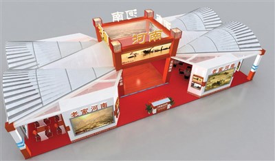 235.4平米展臺設(shè)計制作：四面開口/前衛(wèi)/桁架結(jié)構(gòu)/紅色，為旅游展展商而作（免費使用）