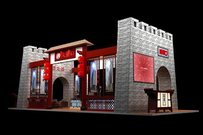 90平米展臺設(shè)計制作：四面開口/中式/木質(zhì)結(jié)構(gòu)/灰色，為旅游展展商而作（免費使用）