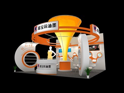 36平米展臺(tái)設(shè)計(jì)制作：三面開口/現(xiàn)代/木質(zhì)結(jié)構(gòu)/橙色，為廣告展展商而作（免費(fèi)使用）