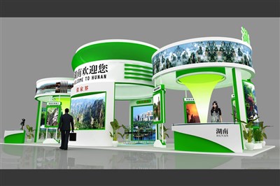 90平米展臺設(shè)計制作：四面開口/現(xiàn)代/木質(zhì)結(jié)構(gòu)/綠色，為旅游展展商而作（免費使用）