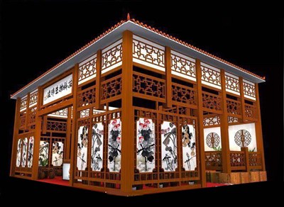 75平米展臺(tái)設(shè)計(jì)制作：三面開(kāi)口/中式/木質(zhì)結(jié)構(gòu)/咖啡色，為工藝品展展商而作（免費(fèi)使用）