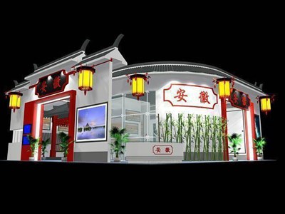 144平米展臺設(shè)計制作：四面開口/中式/木質(zhì)結(jié)構(gòu)/白色，為旅游展展商而作（免費使用）