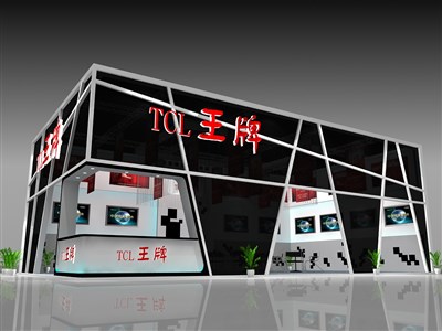 135平米展臺(tái)設(shè)計(jì)制作：二面開(kāi)口/現(xiàn)代/型材結(jié)構(gòu)/黑色，為家電展展商而作（免費(fèi)使用）