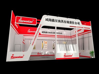 72平米展臺設(shè)計制作：一面開口/現(xiàn)代/木質(zhì)結(jié)構(gòu)/紅色，為釣具展展商而作（免費使用）
