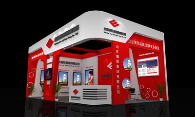 60平米展臺設計制作：二面開口/現(xiàn)代/木質結構/紅色，為建材展展商而作（免費使用）