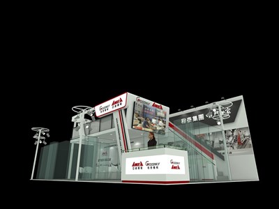 96平米展臺設(shè)計(jì)制作：二面開口/現(xiàn)代/木質(zhì)結(jié)構(gòu)/灰色，為機(jī)械展展商而作（免費(fèi)使用）