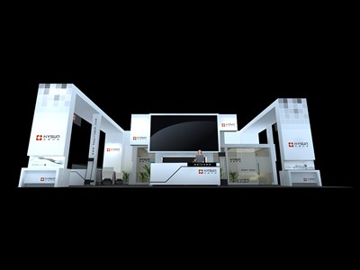 117平米展臺設(shè)計制作：三面開口/現(xiàn)代/木質(zhì)結(jié)構(gòu)/白色，為能源展展商而作（免費(fèi)使用）