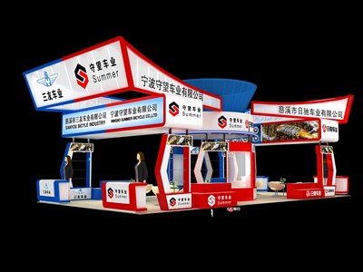 78平米展臺設(shè)計(jì)制作：四面開口/現(xiàn)代/木質(zhì)結(jié)構(gòu)/彩色，為單/摩托車展商而作（免費(fèi)使用）