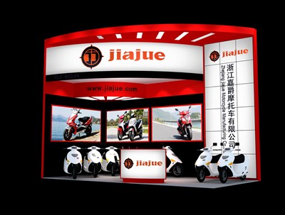 18平米展臺設(shè)計制作：二面開口/現(xiàn)代/木質(zhì)結(jié)構(gòu)/紅色，為單/摩托車展商而作（免費使用）