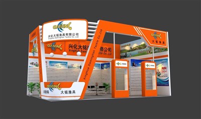 54平米展臺設(shè)計制作：二面開口/現(xiàn)代/木質(zhì)結(jié)構(gòu)/橙色，為釣具展展商而作（免費使用）