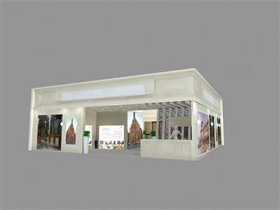 144平米展臺設(shè)計制作：二面開口/歐式/木質(zhì)結(jié)構(gòu)/灰色，為建材展展商而作（免費使用）
