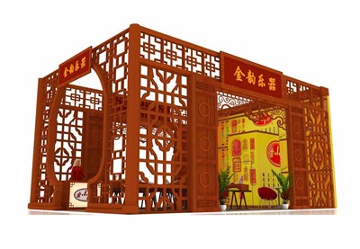 54平米展臺設計制作：三面開口/中式/木質(zhì)結構/紅色，為樂器展展商而作（免費使用）