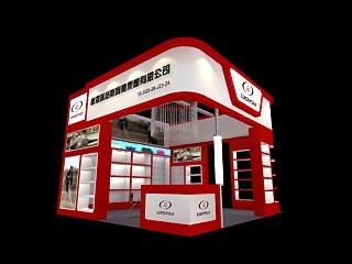 36平米展臺設(shè)計制作：三面開口/現(xiàn)代/木質(zhì)結(jié)構(gòu)/紅色，為鞋箱包展展商而作（免費使用）