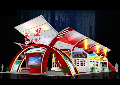 405平米展臺設(shè)計制作：四面開口/現(xiàn)代/型材結(jié)構(gòu)/紅色，為農(nóng)交會展商而作（免費使用）