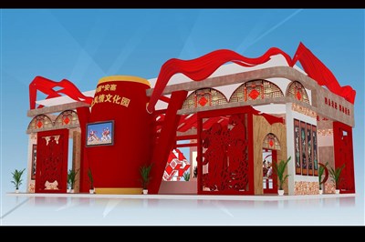 216平米展臺設(shè)計制作：四面開口/現(xiàn)代/木質(zhì)結(jié)構(gòu)/紅色，為文博會展商而作（免費使用）