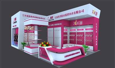 84平米展臺(tái)設(shè)計(jì)制作：二面開口/現(xiàn)代/木質(zhì)結(jié)構(gòu)/紅色，為內(nèi)衣展展商而作（免費(fèi)使用）