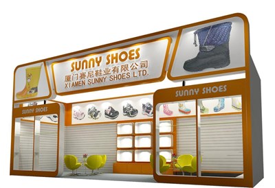27平米展臺(tái)設(shè)計(jì)制作：一面開口/現(xiàn)代/木質(zhì)結(jié)構(gòu)/橙色，為鞋箱包展展商而作（免費(fèi)使用）