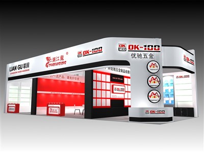 90平米展臺設(shè)計(jì)制作：二面開口/現(xiàn)代/木質(zhì)結(jié)構(gòu)/白色，為五金展展商而作（免費(fèi)使用）