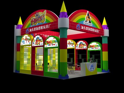 36平米展臺設(shè)計制作：一面開口/卡通/木質(zhì)結(jié)構(gòu)/彩色，為玩具展展商而作（免費使用）