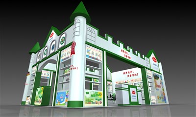 54平米展臺設(shè)計制作：三面開口/歐式/木質(zhì)結(jié)構(gòu)/綠色，為玩具展展商而作（免費使用）