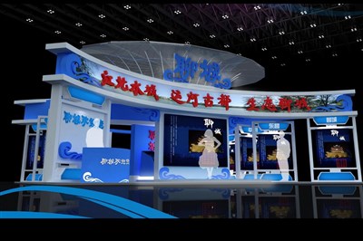 180平米展臺(tái)設(shè)計(jì)制作：三面開口/前衛(wèi)/木質(zhì)結(jié)構(gòu)/藍(lán)色，為文博會(huì)展商而作（免費(fèi)使用）