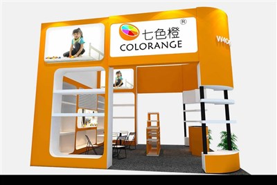 36平米展臺設(shè)計制作：三面開口/現(xiàn)代/木質(zhì)結(jié)構(gòu)/橙色，為玩具展展商而作（免費(fèi)使用）