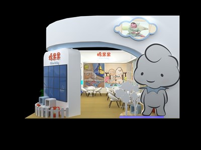 54平米展臺設(shè)計制作：二面開口/卡通/木質(zhì)結(jié)構(gòu)/紫色，為嬰幼展展商而作（免費(fèi)使用）