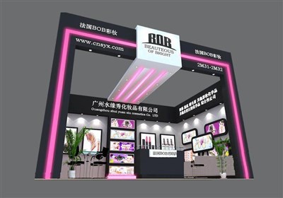 24平米展臺(tái)設(shè)計(jì)制作：一面開(kāi)口/現(xiàn)代/木質(zhì)結(jié)構(gòu)/粉色，為美博會(huì)展商而作（免費(fèi)使用）