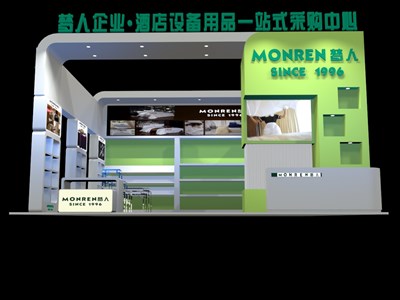 81平米展臺(tái)設(shè)計(jì)制作：一面開(kāi)口/現(xiàn)代/木質(zhì)結(jié)構(gòu)/綠色，為日用品展展商而作（免費(fèi)使用）