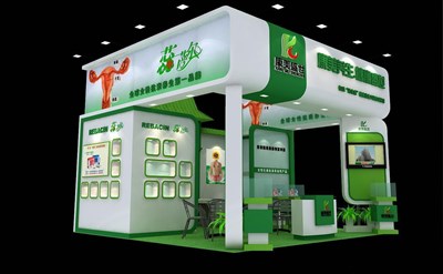 36平米展臺設(shè)計制作：三面開口/現(xiàn)代/木質(zhì)結(jié)構(gòu)/綠色，為美博會展商而作（免費使用）